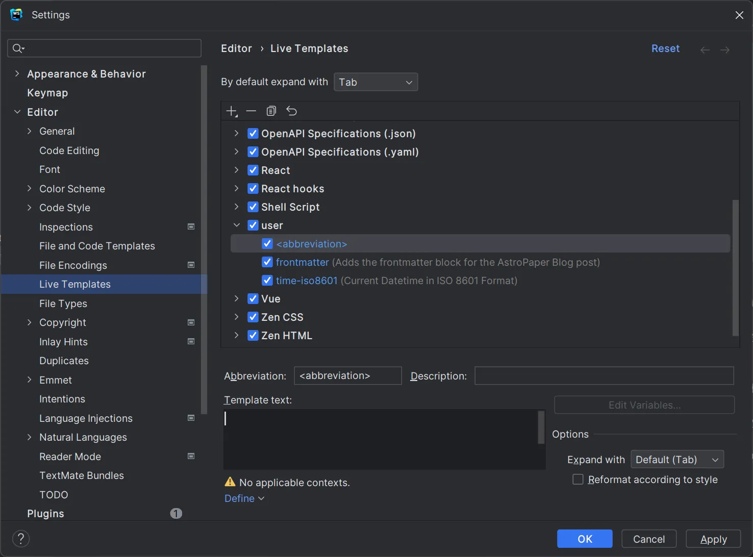新建 Live Template 界面
